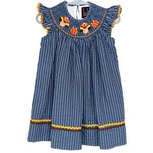 Lil Cactus Girls Grey Blue Smocked Turkey & Pumpkins Thanksgiving Dress 12-24M